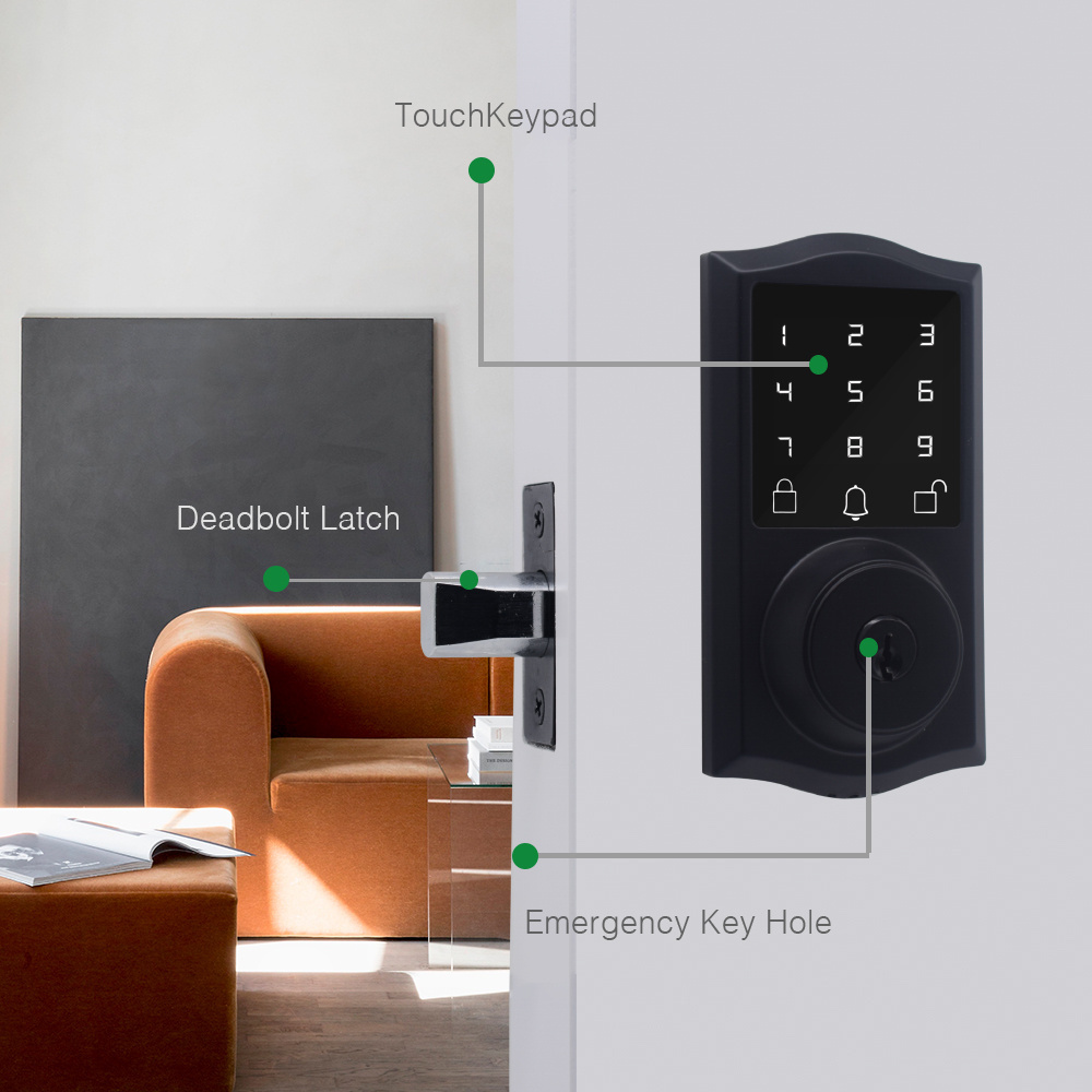 Touch-Screen Keypad Smart Electronic Classical Deadbolt Door Lock for Wooden Brass Key Black Security Digital Keyless Auto Door