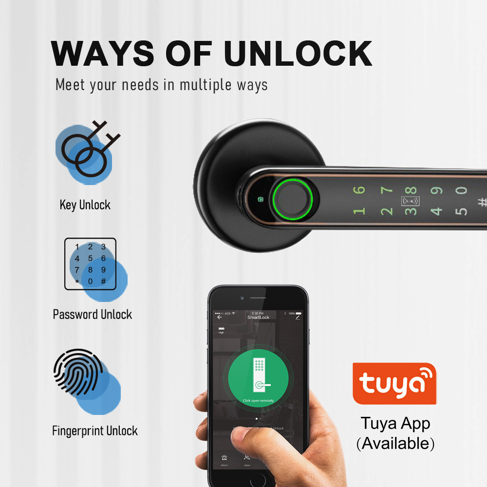 Security Digital Mobile Control Tuya APP wifi Home Biometric Eletronic password Key fingerprint handle smart lock