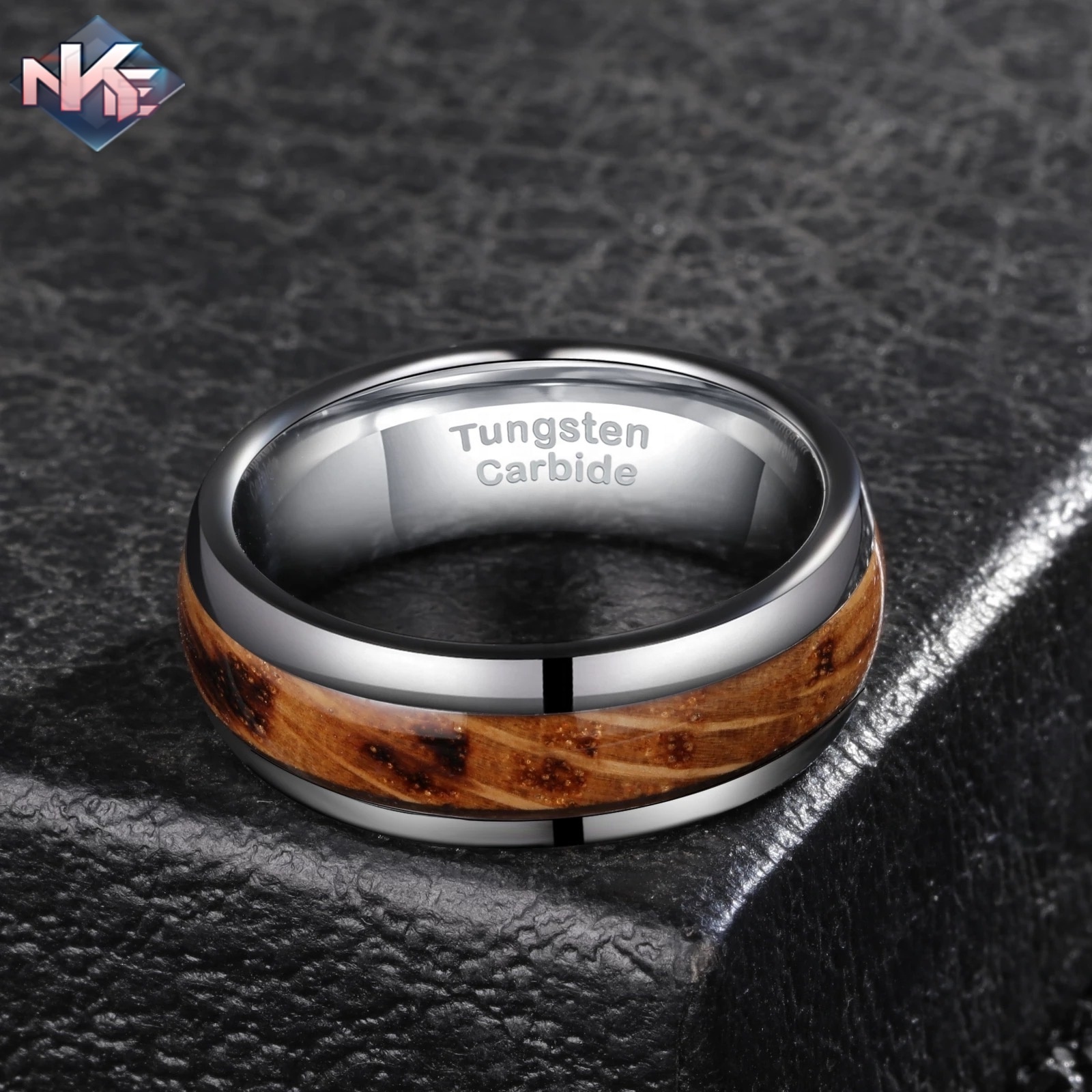 8mm Silver Tungsten Carbide Base Domed Charred Whiskey Barrel Wood Ring For Wedding Engagement Ring