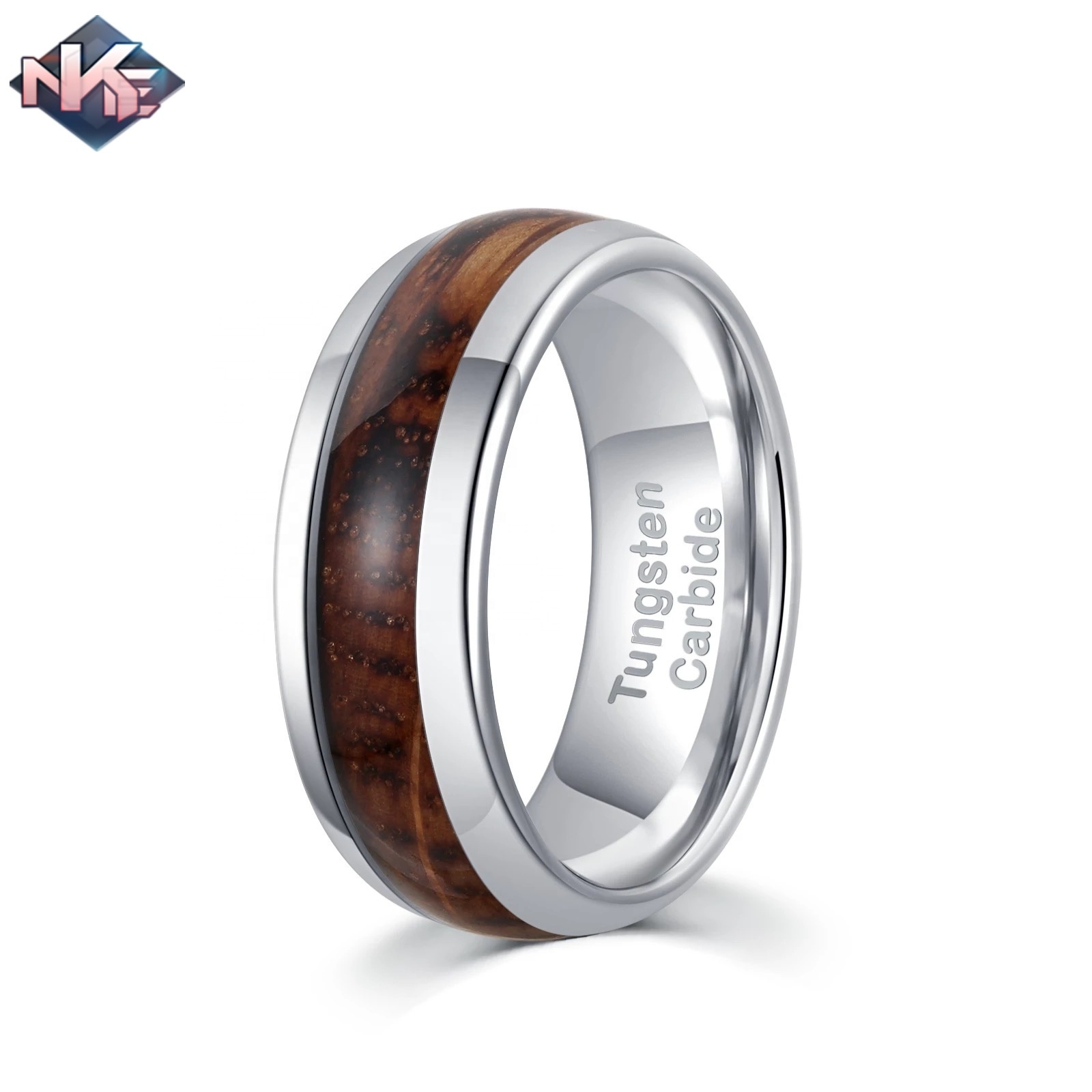 8mm Silver Tungsten Carbide Base Domed Charred Whiskey Barrel Wood Ring For Wedding Engagement Ring