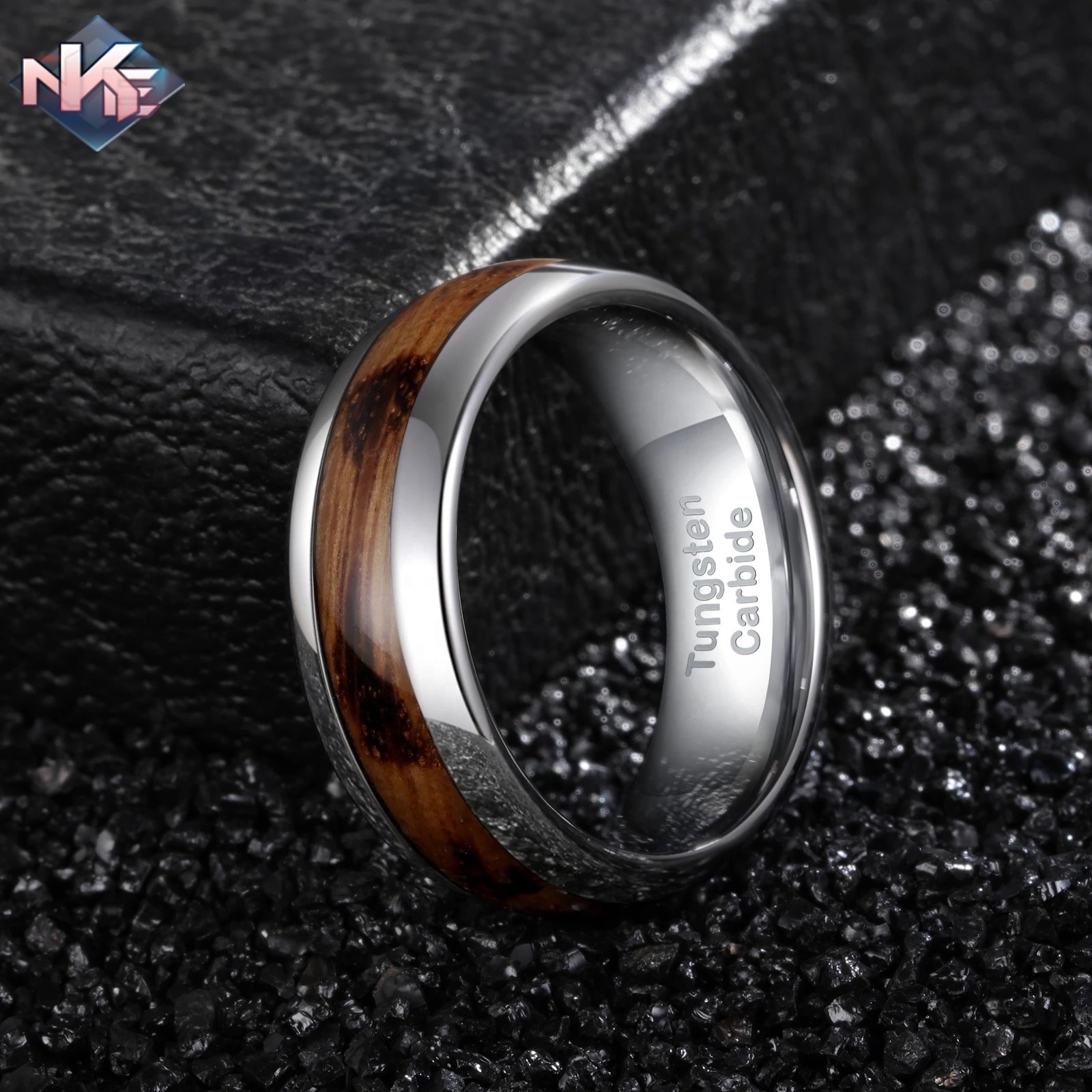 8mm Silver Tungsten Carbide Base Domed Charred Whiskey Barrel Wood Ring For Wedding Engagement Ring