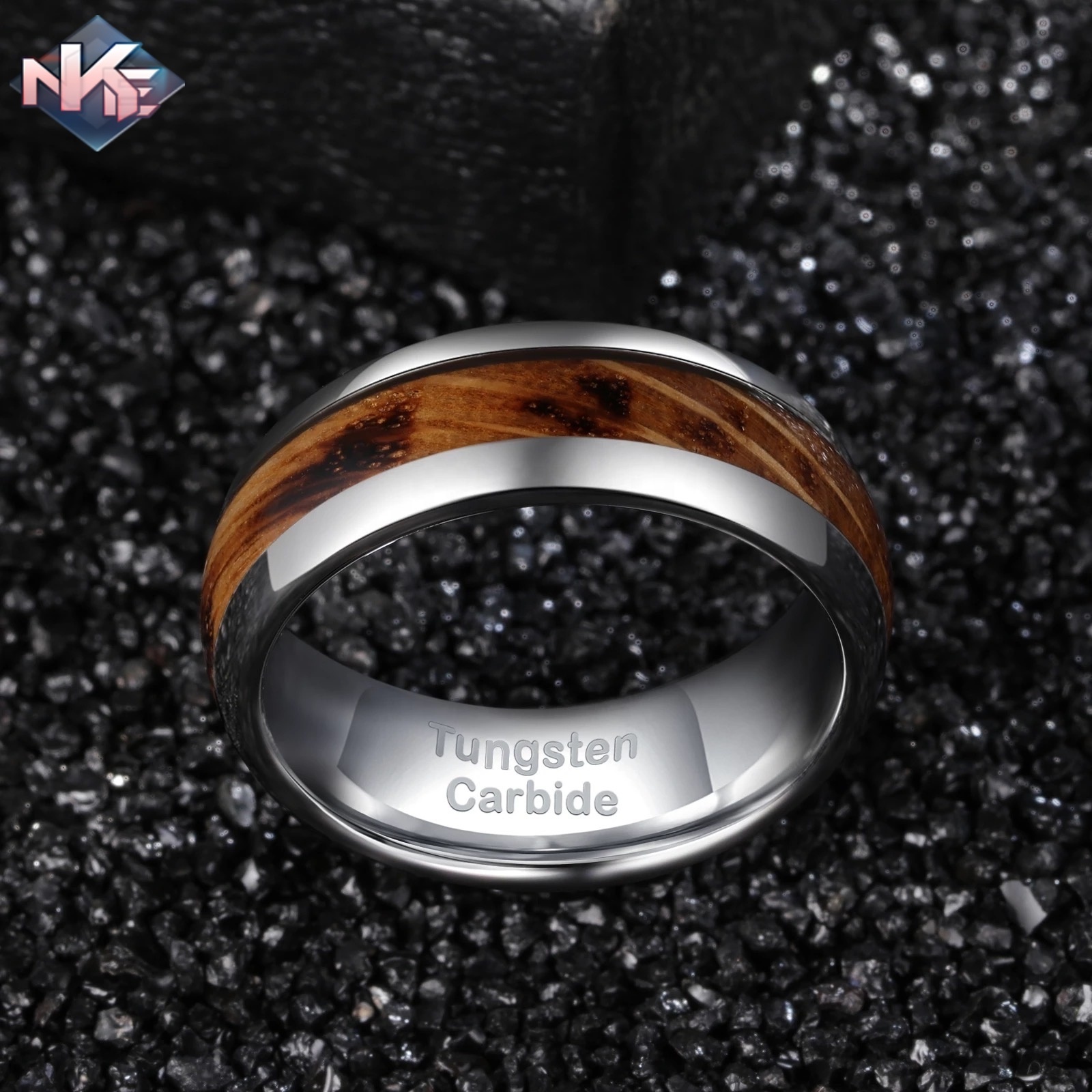 8mm Silver Tungsten Carbide Base Domed Charred Whiskey Barrel Wood Ring For Wedding Engagement Ring