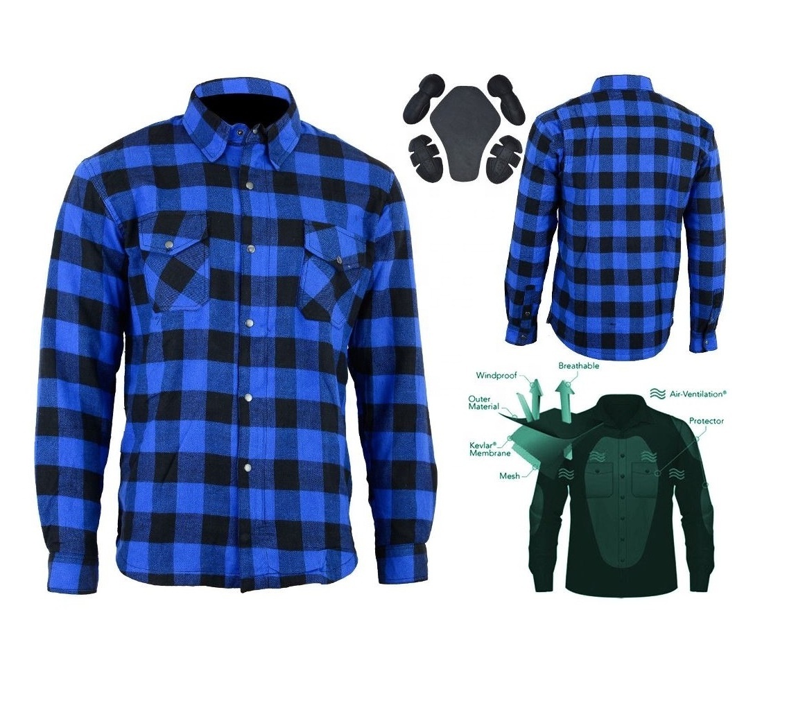 Cafe Racers Men's Shirt in Blue Flannel Fabric Racing CE protectors motorbike Brat fashion clothing custom made fire resistant