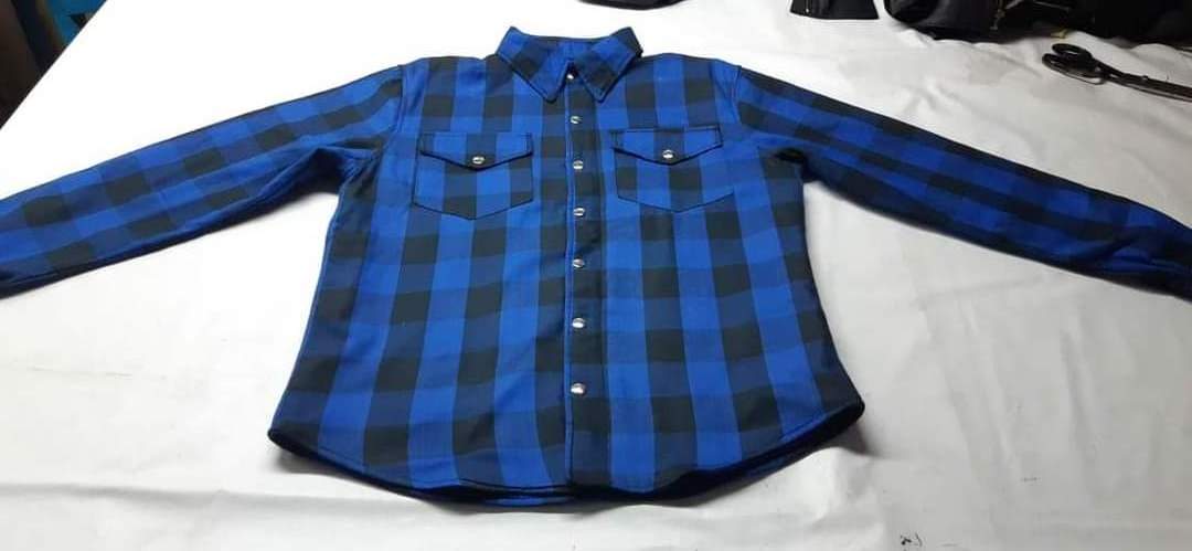 Cafe Racers Men's Shirt in Blue Flannel Fabric Racing CE protectors motorbike Brat fashion clothing custom made fire resistant