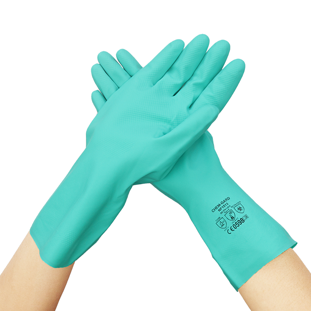 chemical resistant green nitrile gloves non slip flocklined work gloves,  safety gloves for oil grease and industry uses