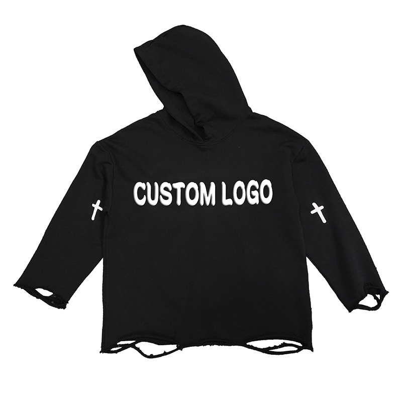 High Quality 460 Gsm French Terry Hoodie Heavyweight Rip Hem Screen Printing Cut Edge Custom Raw Hem Hoodie for Men