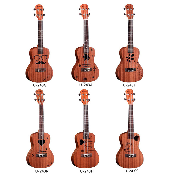 beautiful Pattern Popular 23 Inch Concert Cartoon Engraving Ukulele Cheapest Kids Wooden Guitar Wholesale U-243