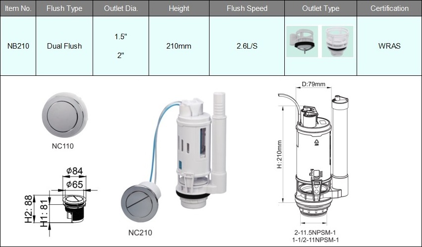 cistern fitting Wholesale Cheap Plastic Toilet Dual Flush Tank Valve High 210mm Pneumatic Flush Valve