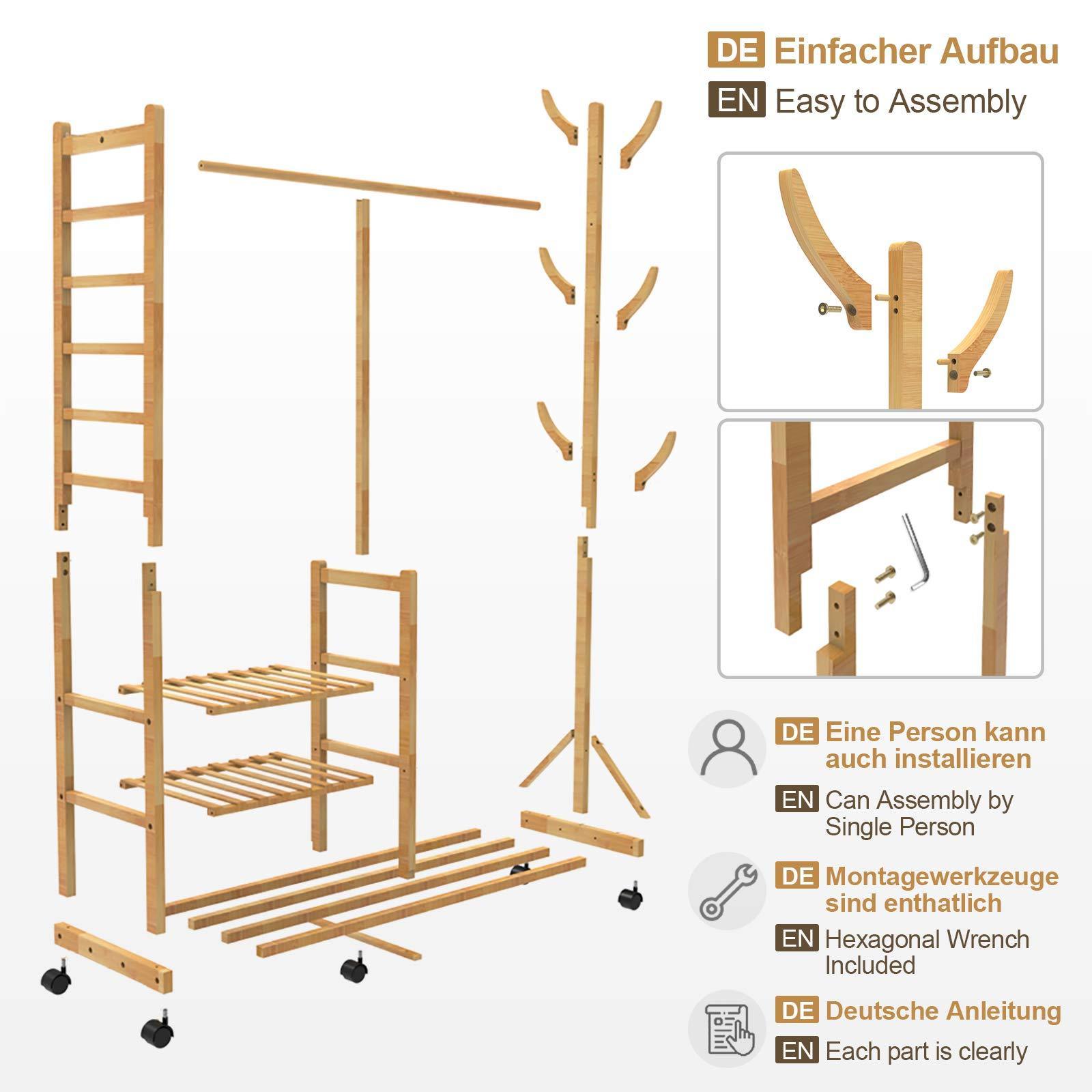 Bamboo Clothes Rails Coat Rack on Wheels  Free Standing Garment Hanging Rails with 6 Hooks and 3 Shleves for Dress