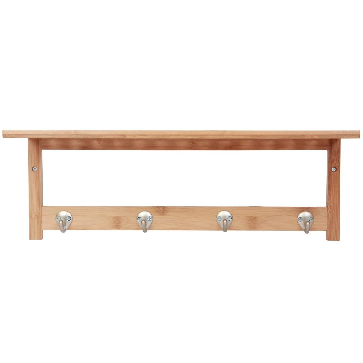 Custom Design Bamboo Bathroom storage shelf Solid Bamboo Wall Mounting Shelf with 4 Stainless Steel Hooks