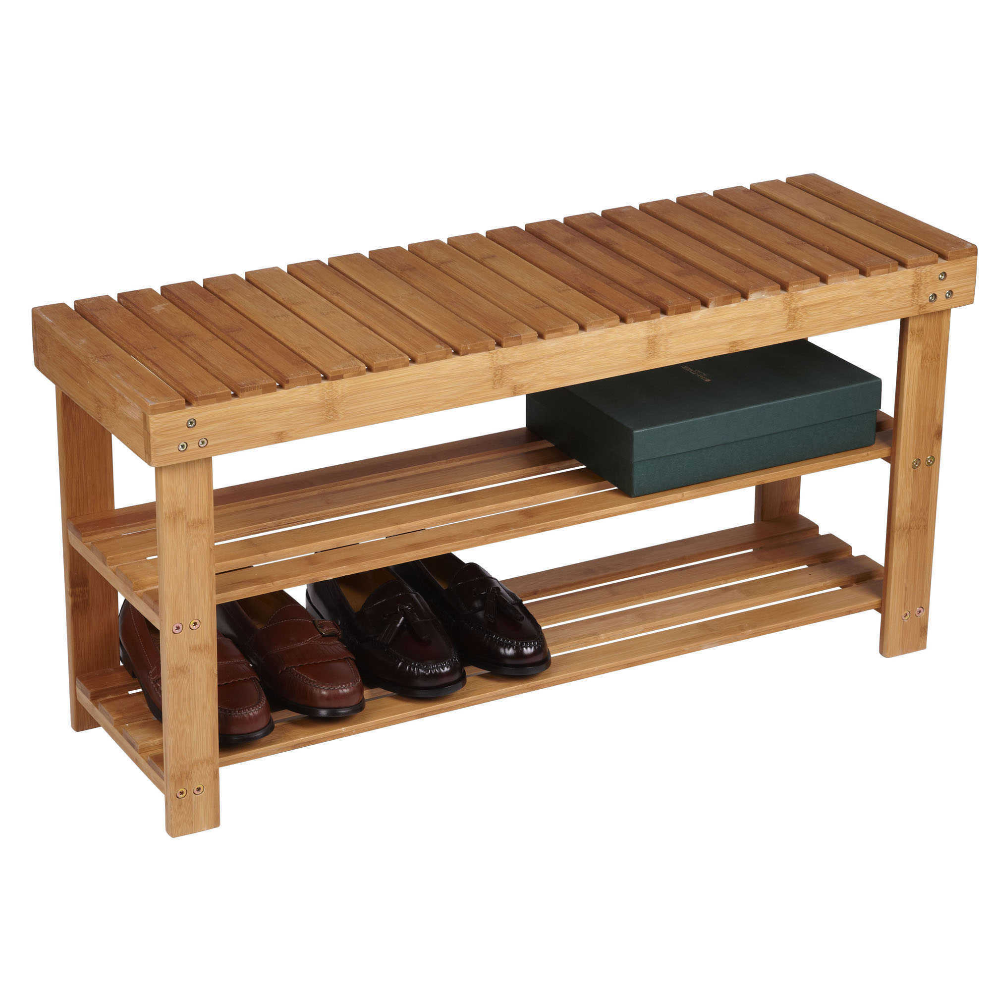 Door Entryway bamboo shoe bench with seat cushion and drawer 2 Tier Shoe Rack Organizer for shoe and boot