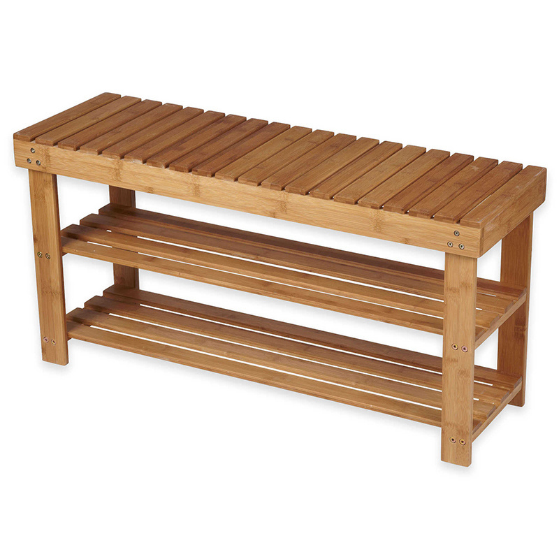 Door Entryway bamboo shoe bench with seat cushion and drawer 2 Tier Shoe Rack Organizer for shoe and boot