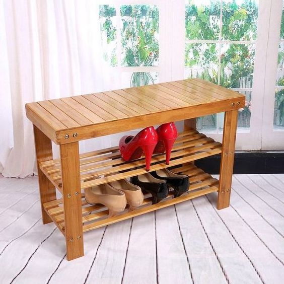 Door Entryway bamboo shoe bench with seat cushion and drawer 2 Tier Shoe Rack Organizer for shoe and boot