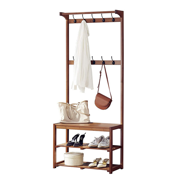 Industrial Hall Tree Wooden Vintage Shoe Cabinet Bamboo Coat Rack for Entryway Living Room