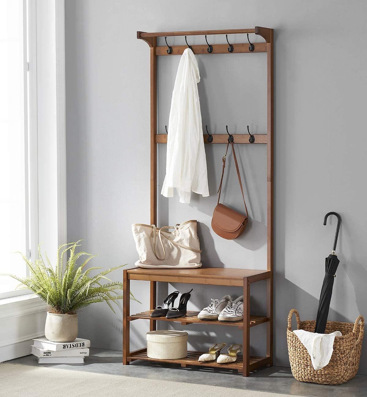 Industrial Hall Tree Wooden Vintage Shoe Cabinet Bamboo Coat Rack for Entryway Living Room