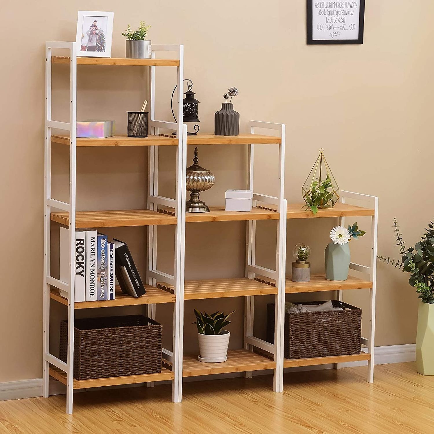 Multifunctional storage organizer white 4 tier corner shelf bathroom bamboo shelf organizer