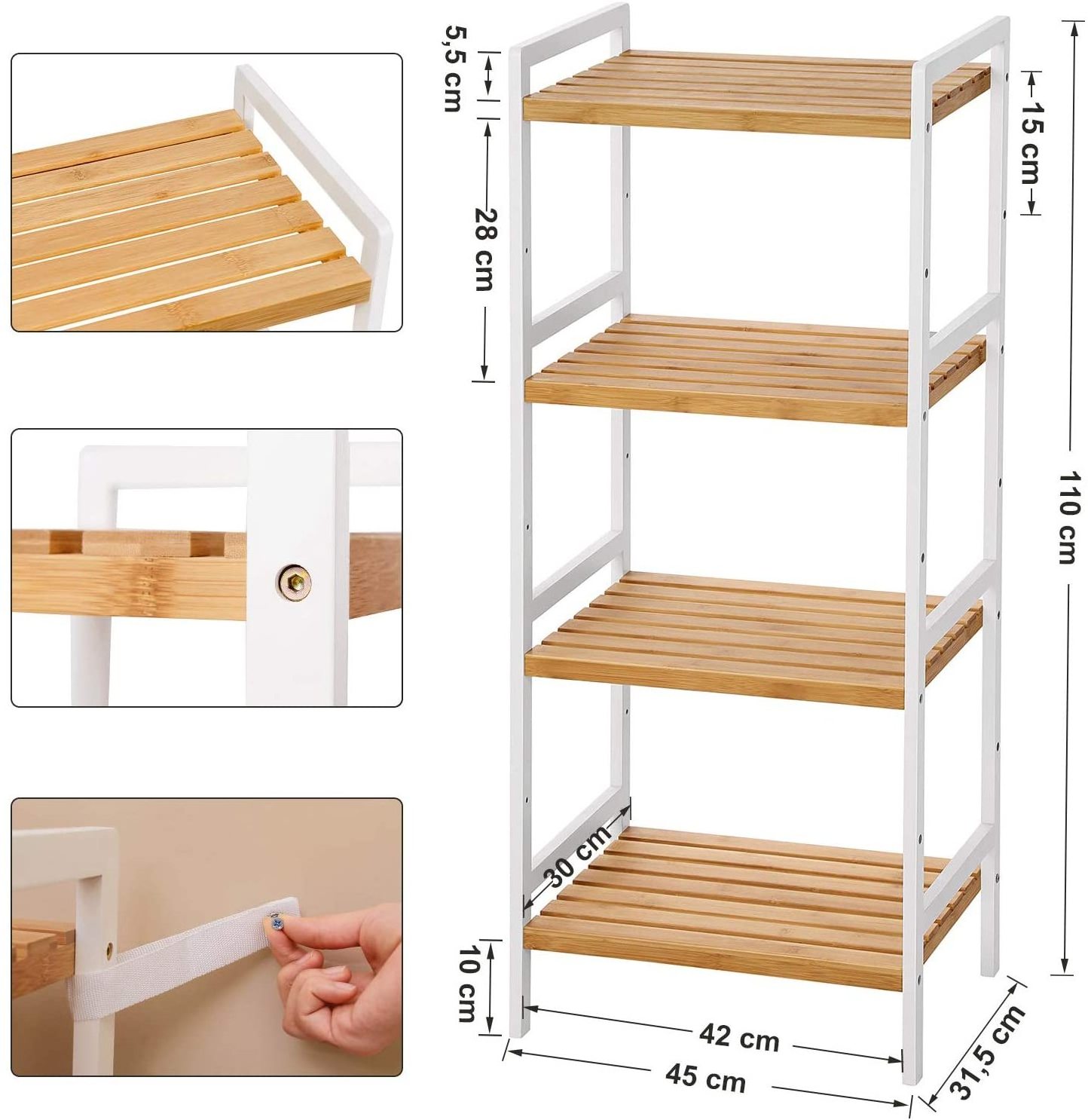 Multifunctional storage organizer white 4 tier corner shelf bathroom bamboo shelf organizer