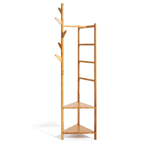 Bamboo Coat Stand Versatile Corner Coat Tree Storage Shelf with 2 Storage Rack for Hallway Living Room Bedroom