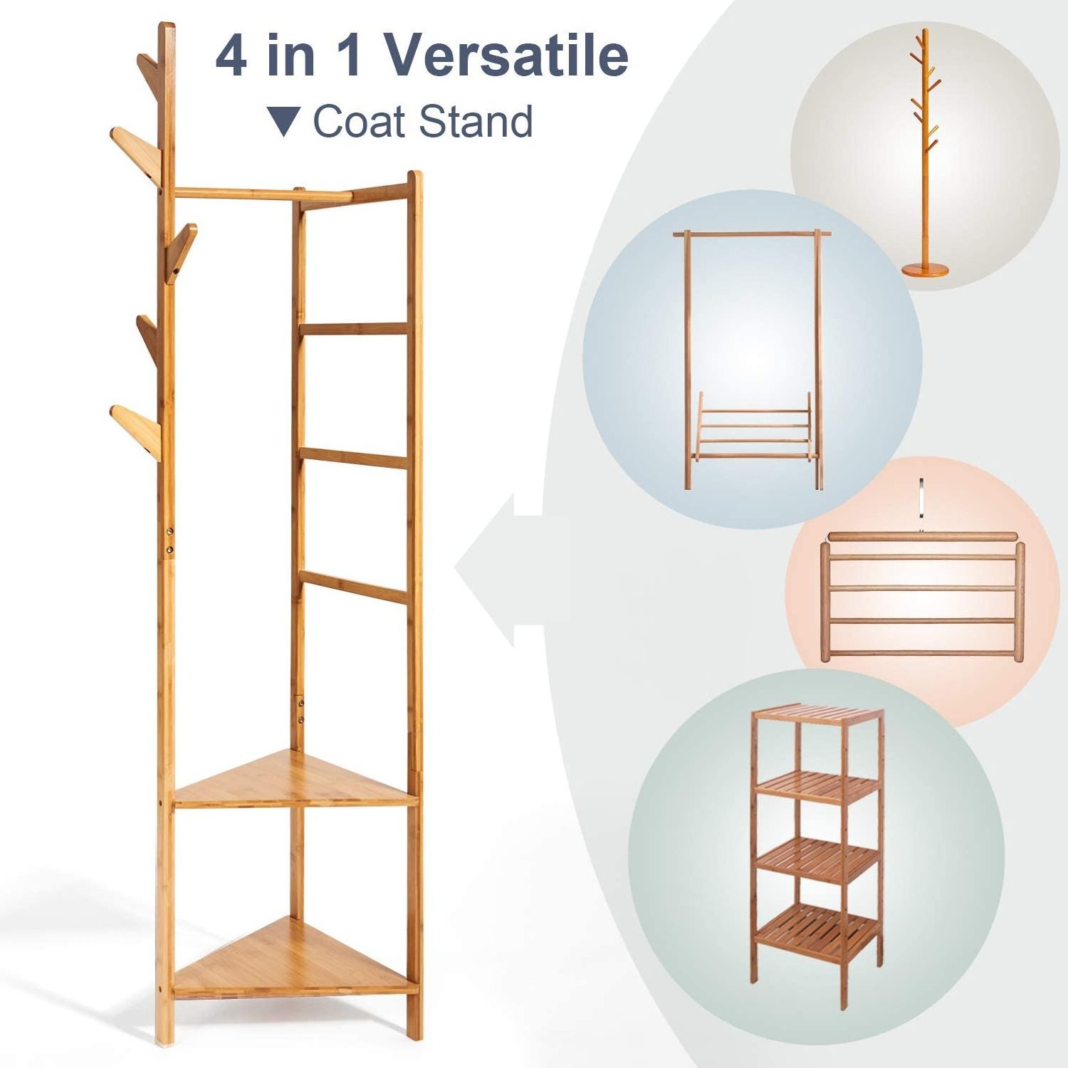 Bamboo Coat Stand Versatile Corner Coat Tree Storage Shelf with 2 Storage Rack for Hallway Living Room Bedroom