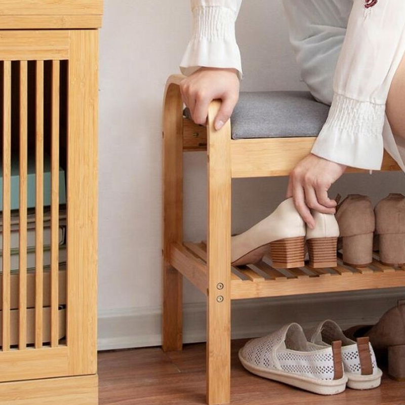 Hallway Entryway Bamboo Shoe Rack Bench with Storage Cushion Seat