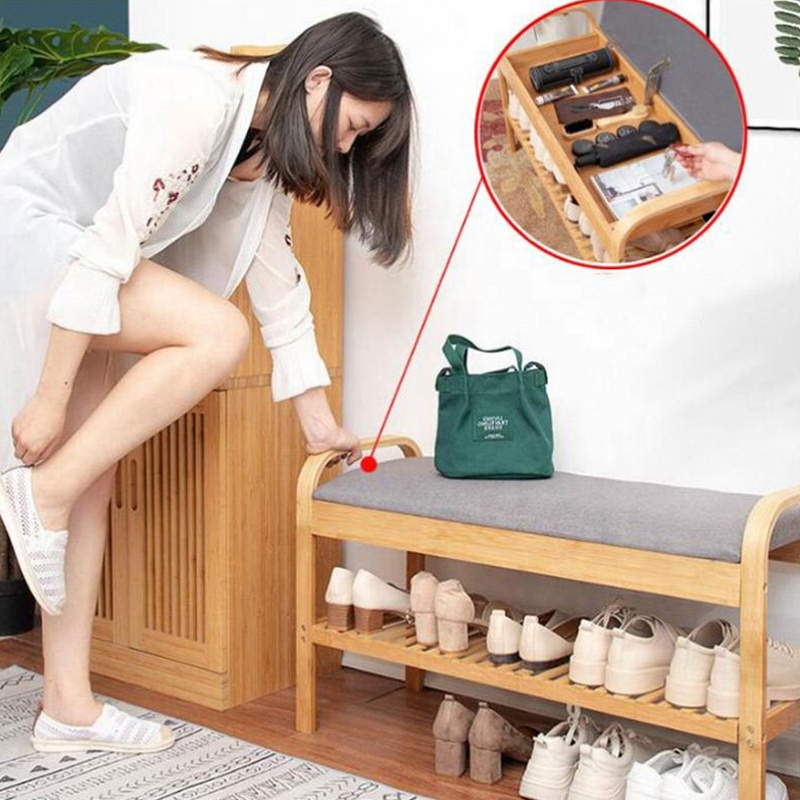 Hallway Entryway Bamboo Shoe Rack Bench with Storage Cushion Seat