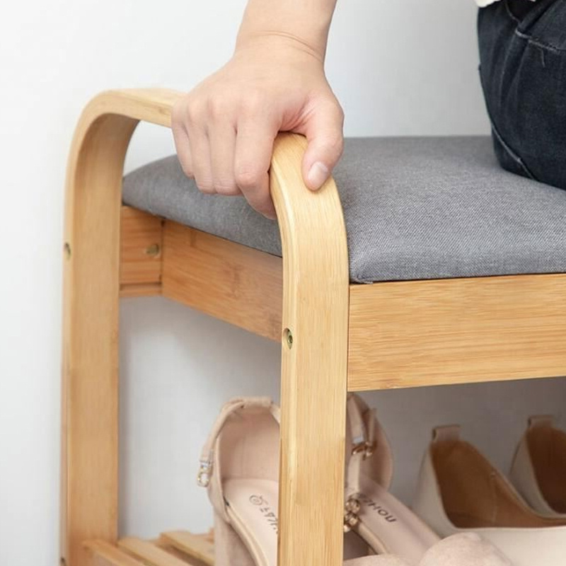 Hallway Entryway Bamboo Shoe Rack Bench with Storage Cushion Seat