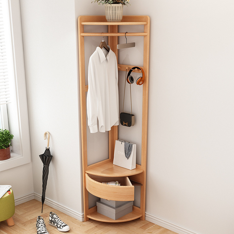 Wholesale Bamboo Corner Hanger Furniture Coat Rack with Drawer Storage Free Standing Coat Hanger Stand Shelf for Bedroom