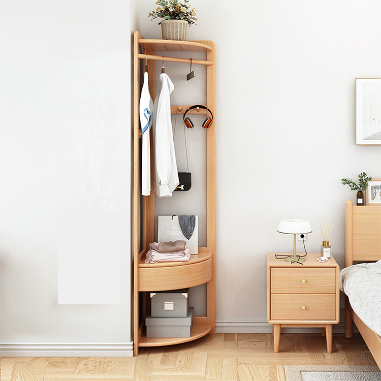 Wholesale Bamboo Corner Hanger Furniture Coat Rack with Drawer Storage Free Standing Coat Hanger Stand Shelf for Bedroom