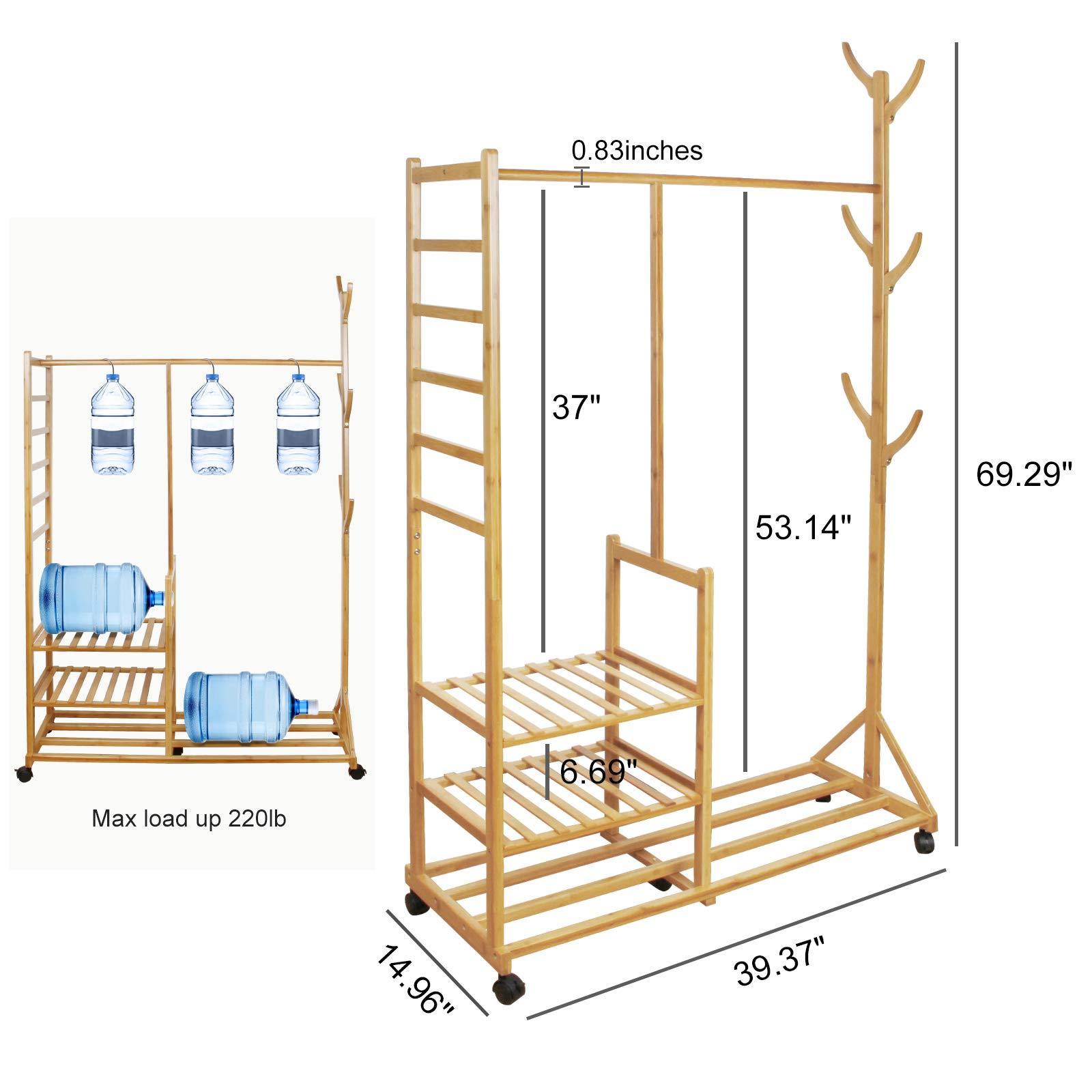 Garment Rolling Coat Rack Multifunctional Hanging Organizer 3 Layers Storage Shelves Bamboo Clothing Rack with Wheels