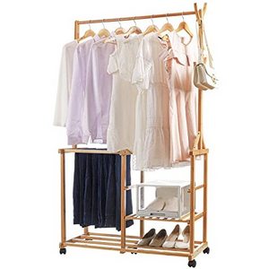 Garment Rolling Coat Rack Multifunctional Hanging Organizer 3 Layers Storage Shelves Bamboo Clothing Rack with Wheels