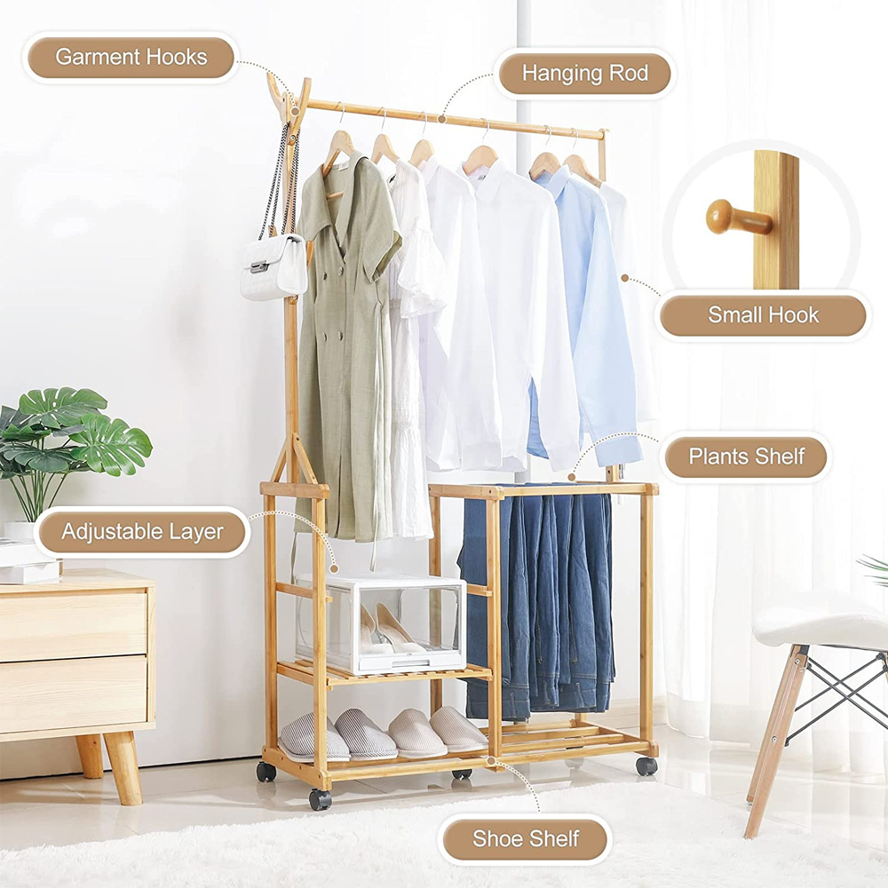 Adjustable layer hook wheel clothes rack clothes storage is suitable for bedroom bamboo clothes rack