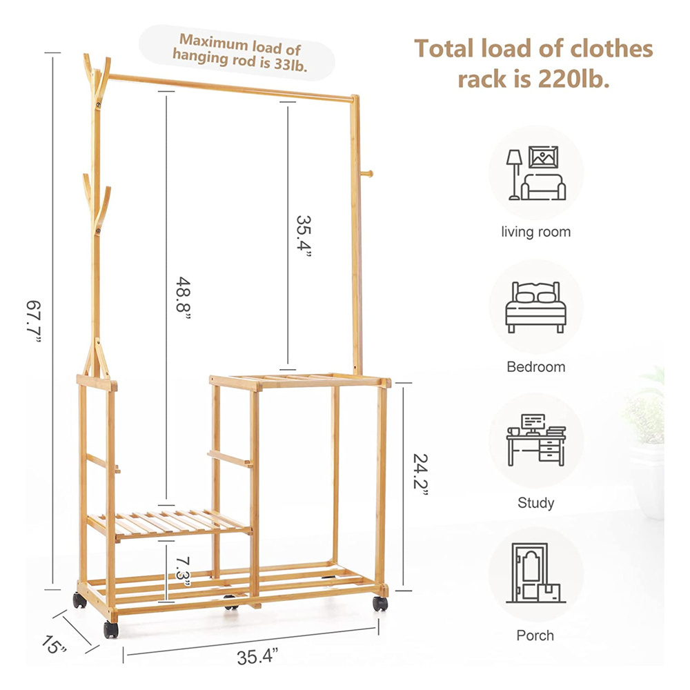 Adjustable layer hook wheel clothes rack clothes storage is suitable for bedroom bamboo clothes rack