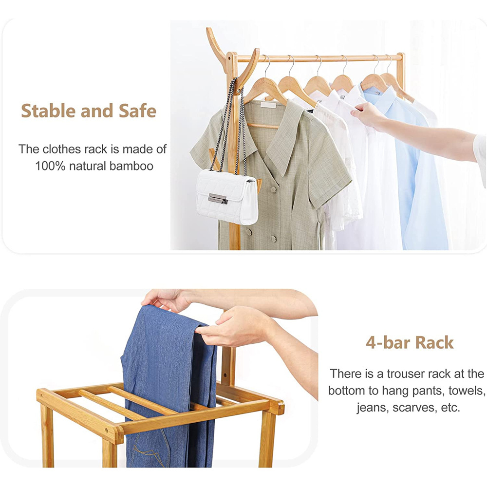 Adjustable layer hook wheel clothes rack clothes storage is suitable for bedroom bamboo clothes rack