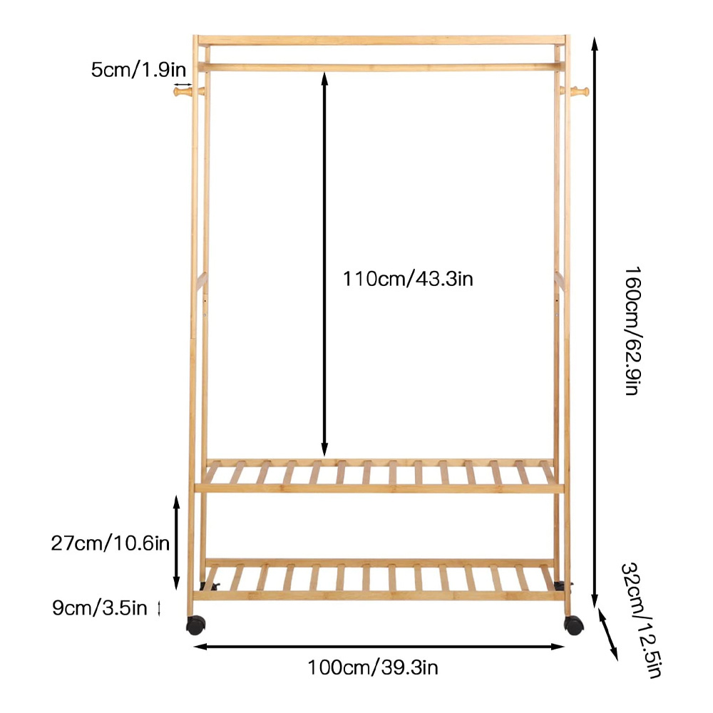 3 layer free standing clothes hanger wardrobe wheel hook storage clothes rack