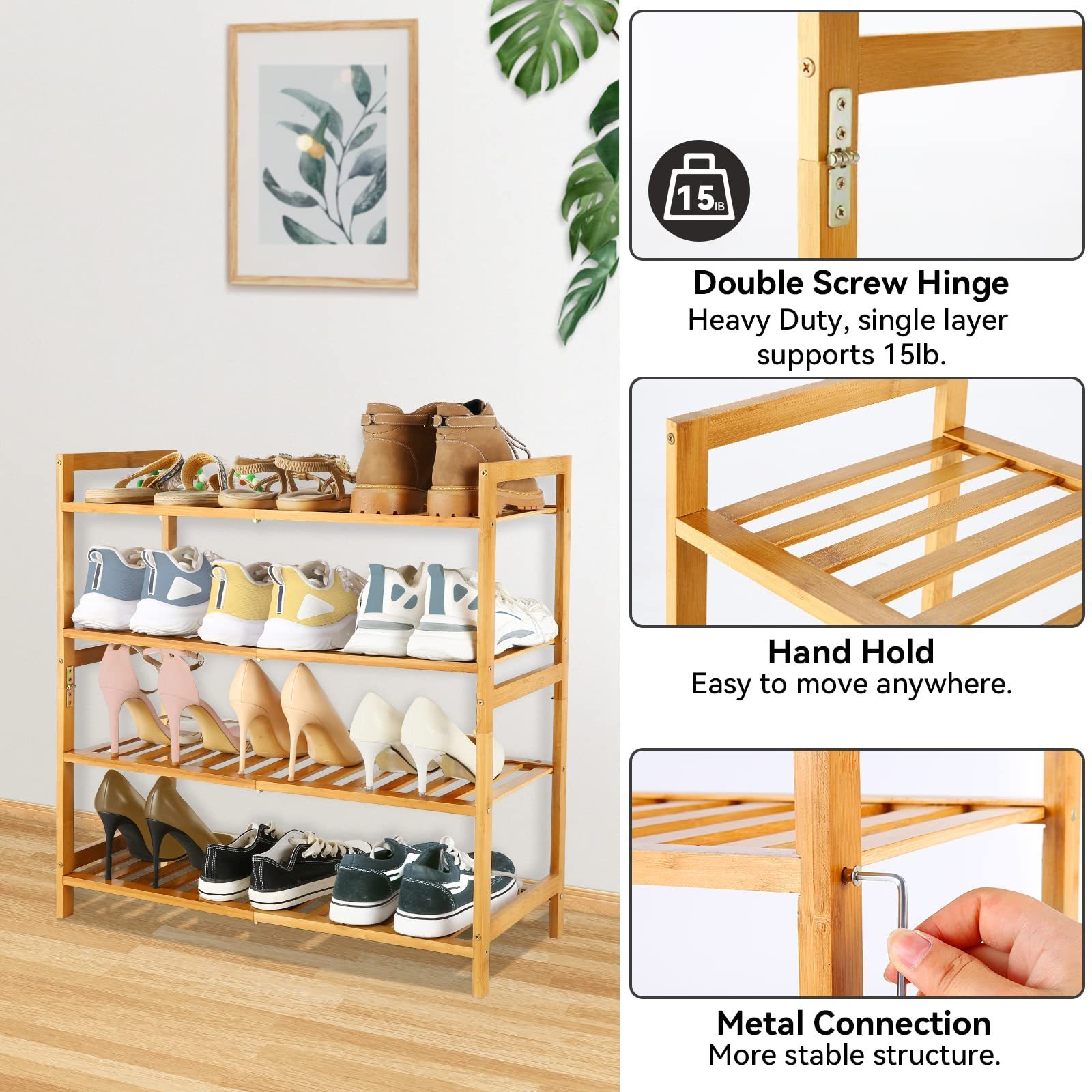 The fourth layer has large capacity and wide application bamboo shoes rack