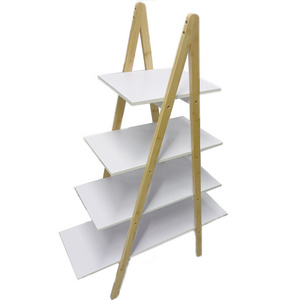 Factory direct selling best selling living room furniture white 4 tiers bamboo ladder bookcase shelving unit