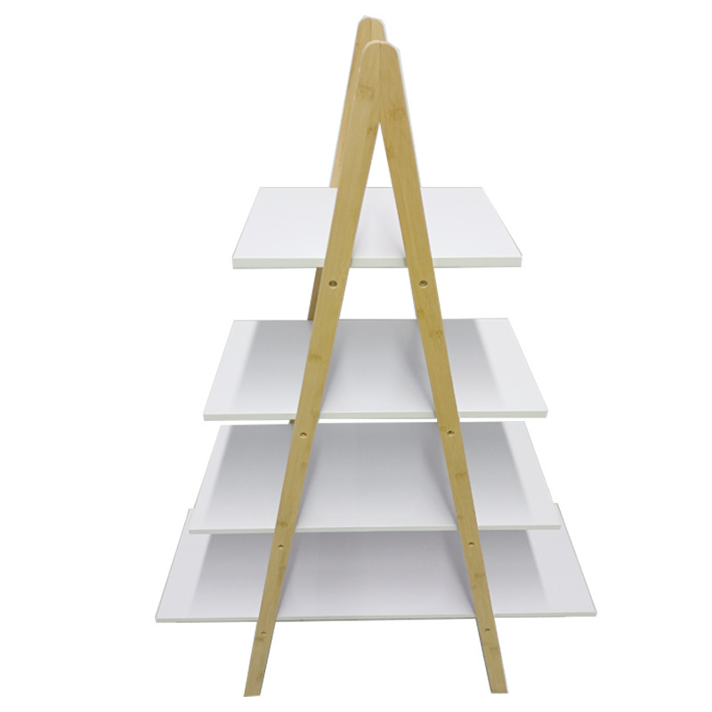 Factory direct selling best selling living room furniture white 4 tiers bamboo ladder bookcase shelving unit