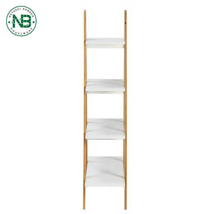 Factory direct selling best selling living room furniture white 4 tiers bamboo ladder bookcase shelving unit