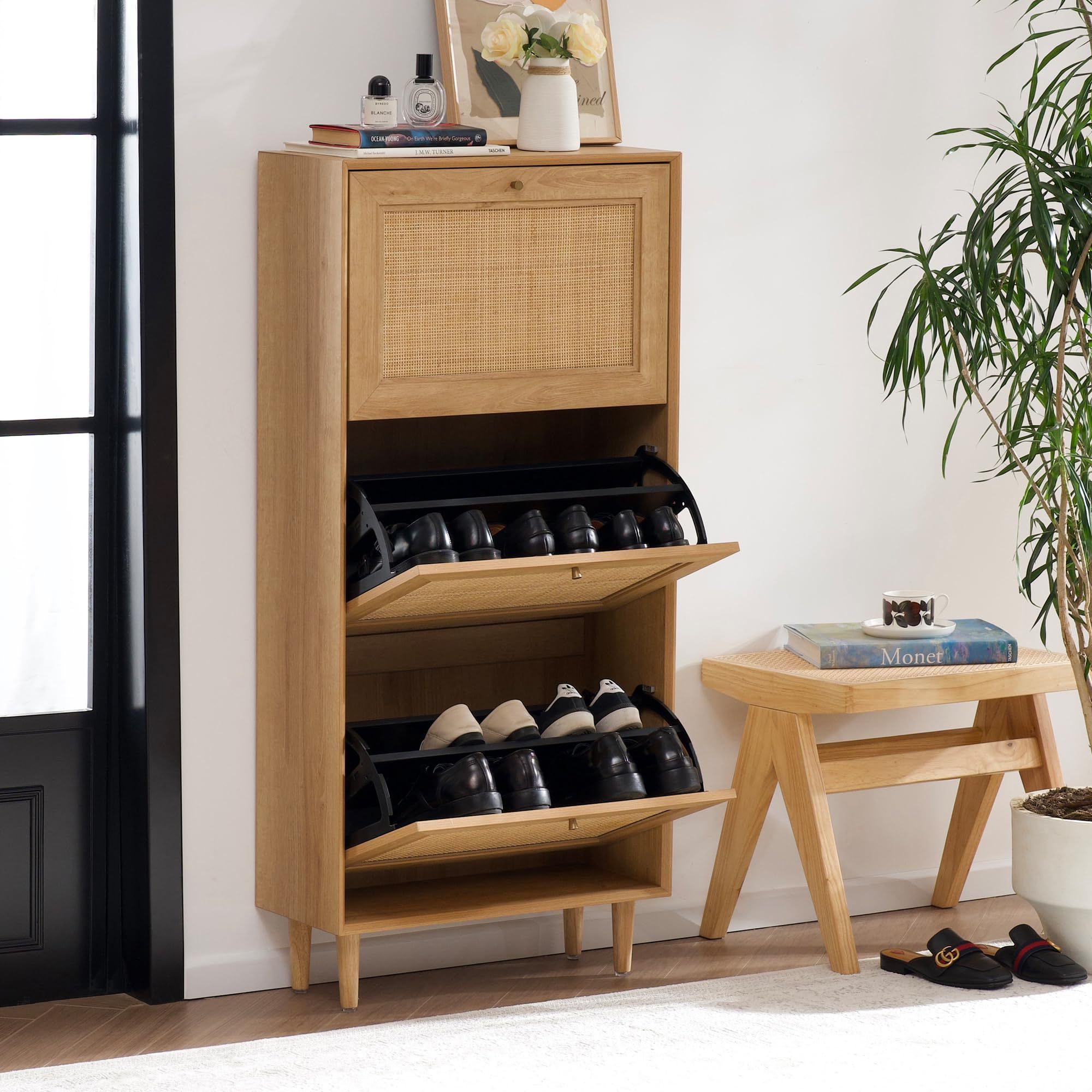 Shoe Storage with 3 Flip Drawers Hidden Freestanding Shoe Rack with Natural Rattan Doors Narrow bamboo shoe cabinet