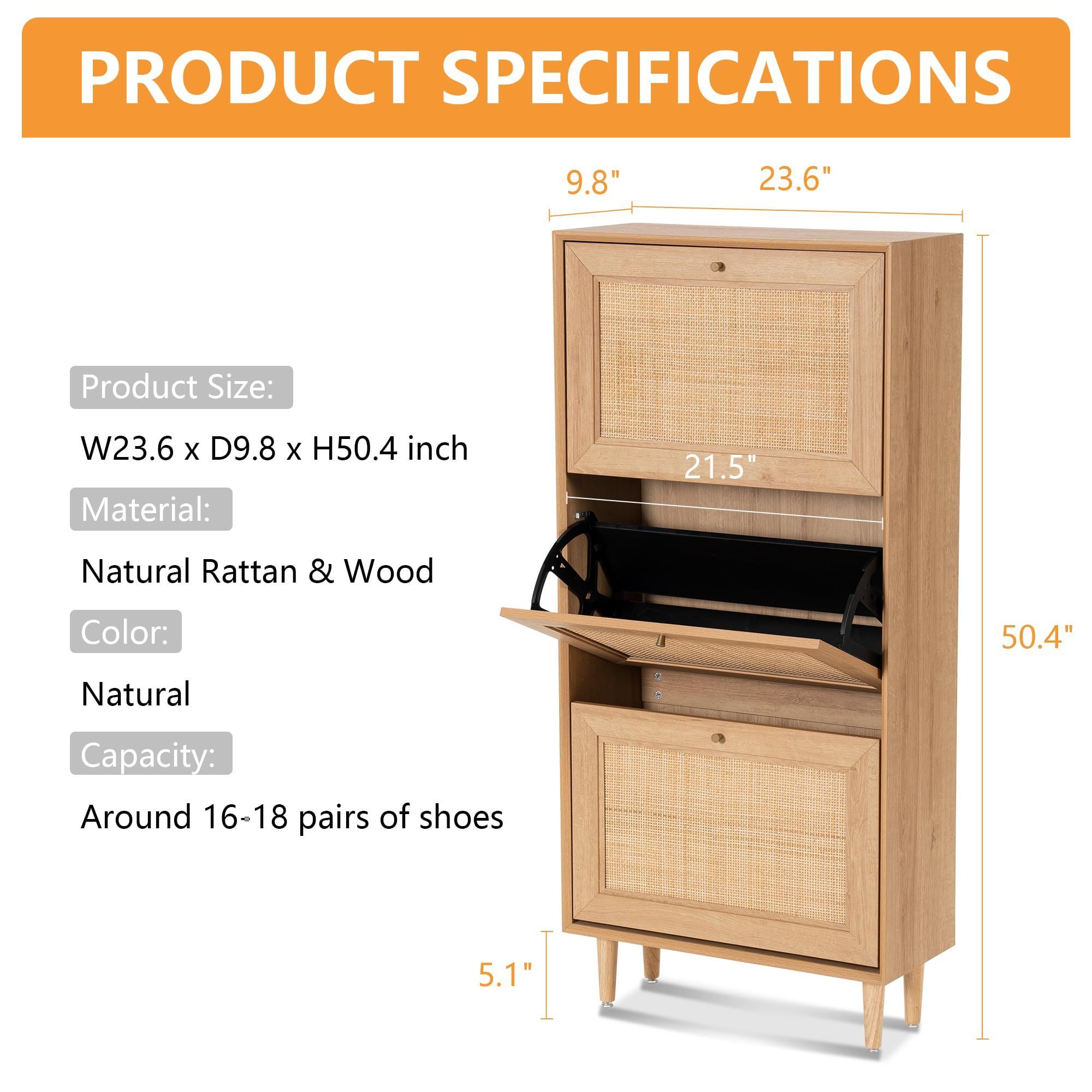 Shoe Storage with 3 Flip Drawers Hidden Freestanding Shoe Rack with Natural Rattan Doors Narrow bamboo shoe cabinet