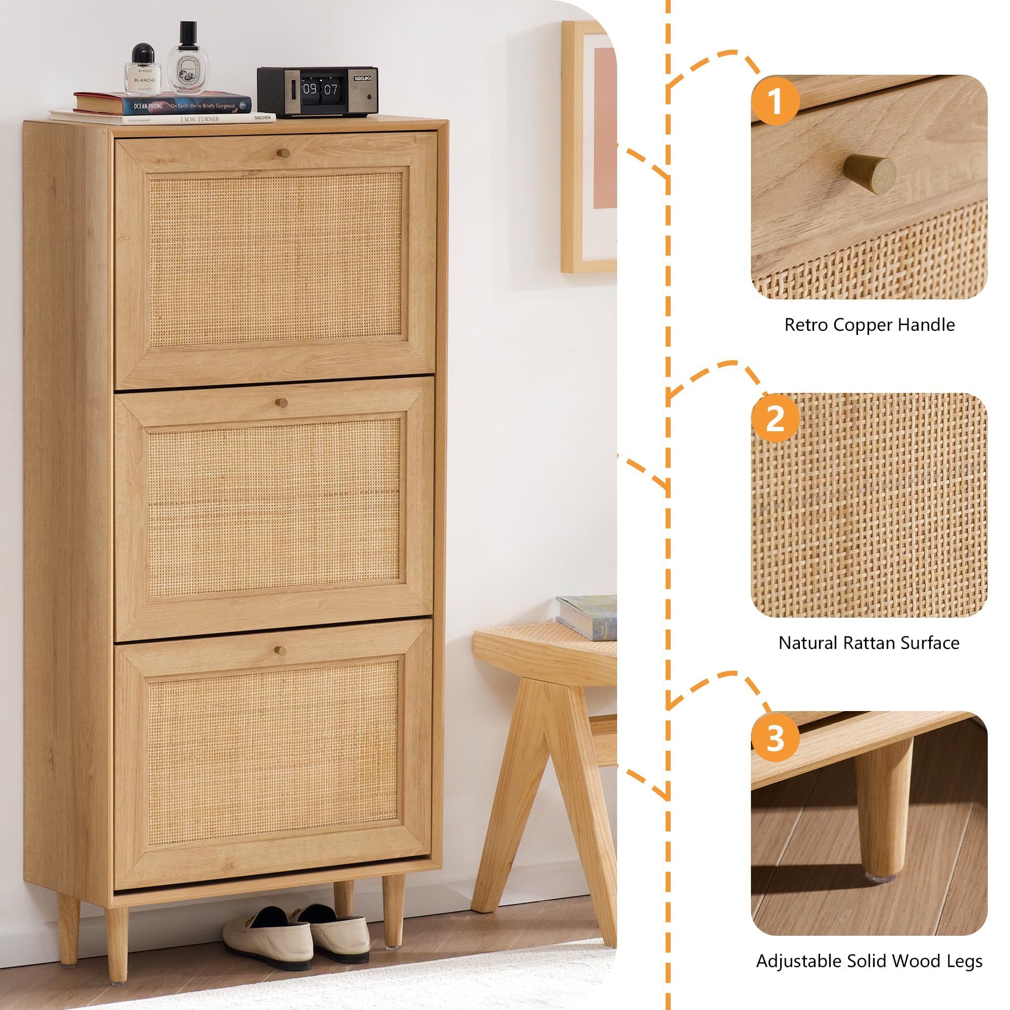 Shoe Storage with 3 Flip Drawers Hidden Freestanding Shoe Rack with Natural Rattan Doors Narrow bamboo shoe cabinet