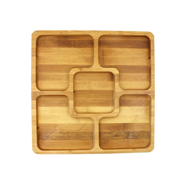 Natural 5 divided compartments square bamboo snack dessert serving tray dishes