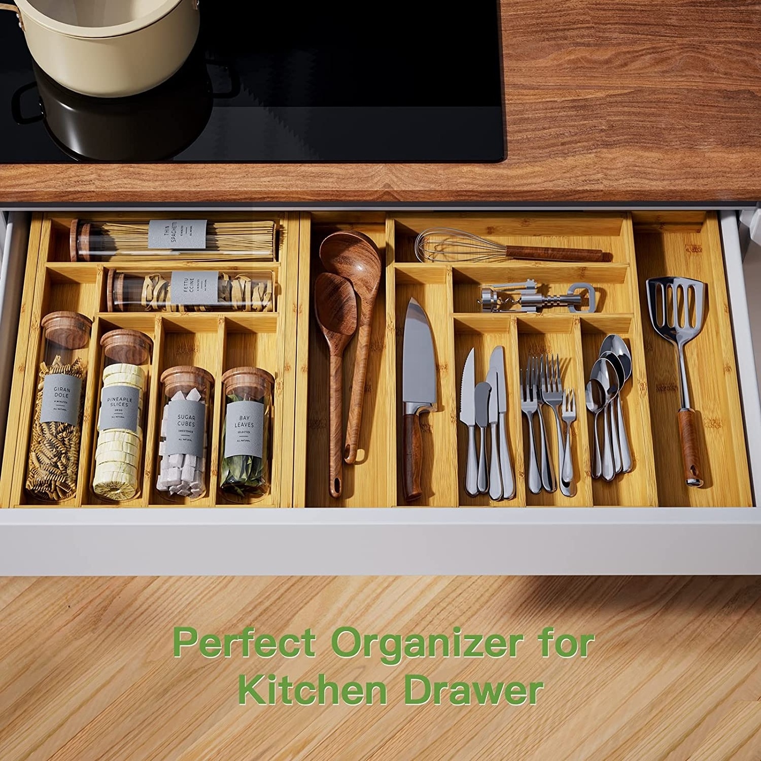 Wood Bamboo Expandable Adjustable Kitchen Cutlery Tray Drawer Organizer Cutlery Utensil Organizer