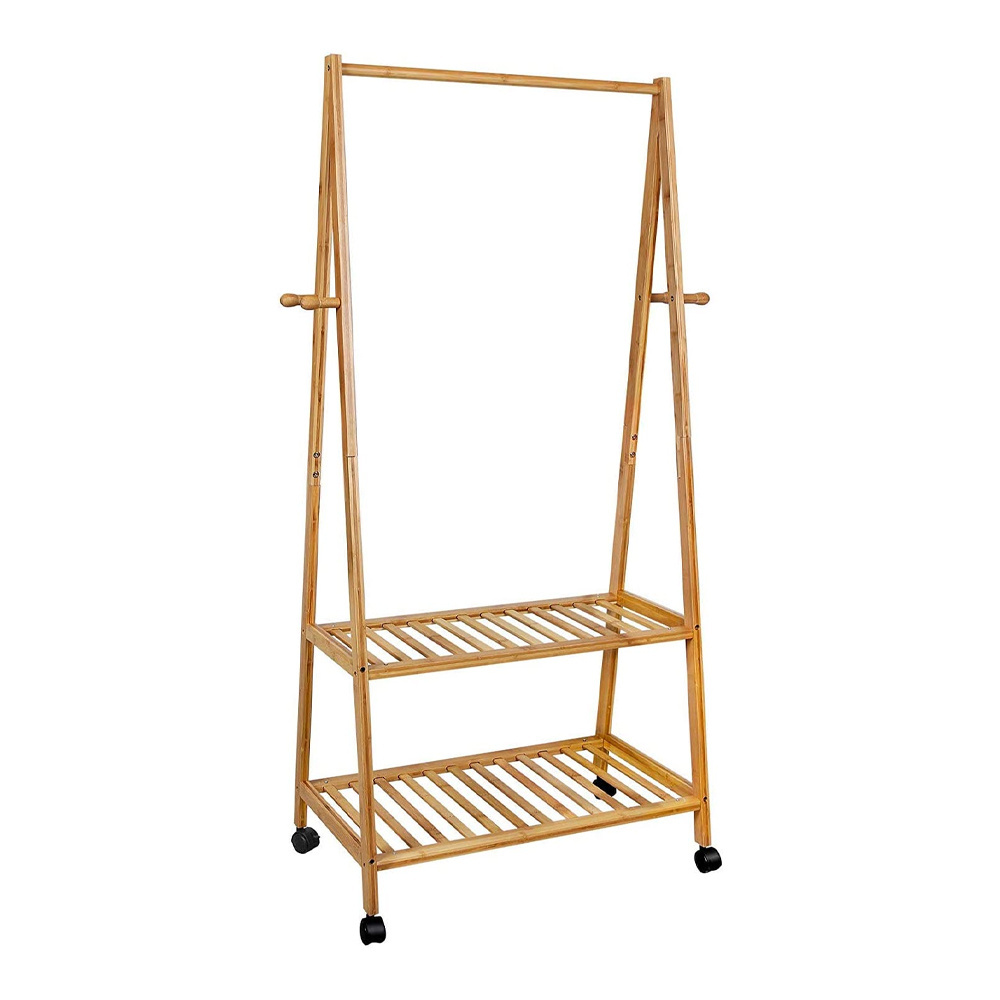 2 Tiers With Wheels Storage Rack Garment Bamboo Coat Rack