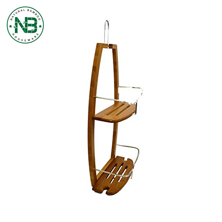 Wall Mounted 2-Tier Shelf Organizer Bamboo Bathroom Shower Tub Hanging Shower Caddy