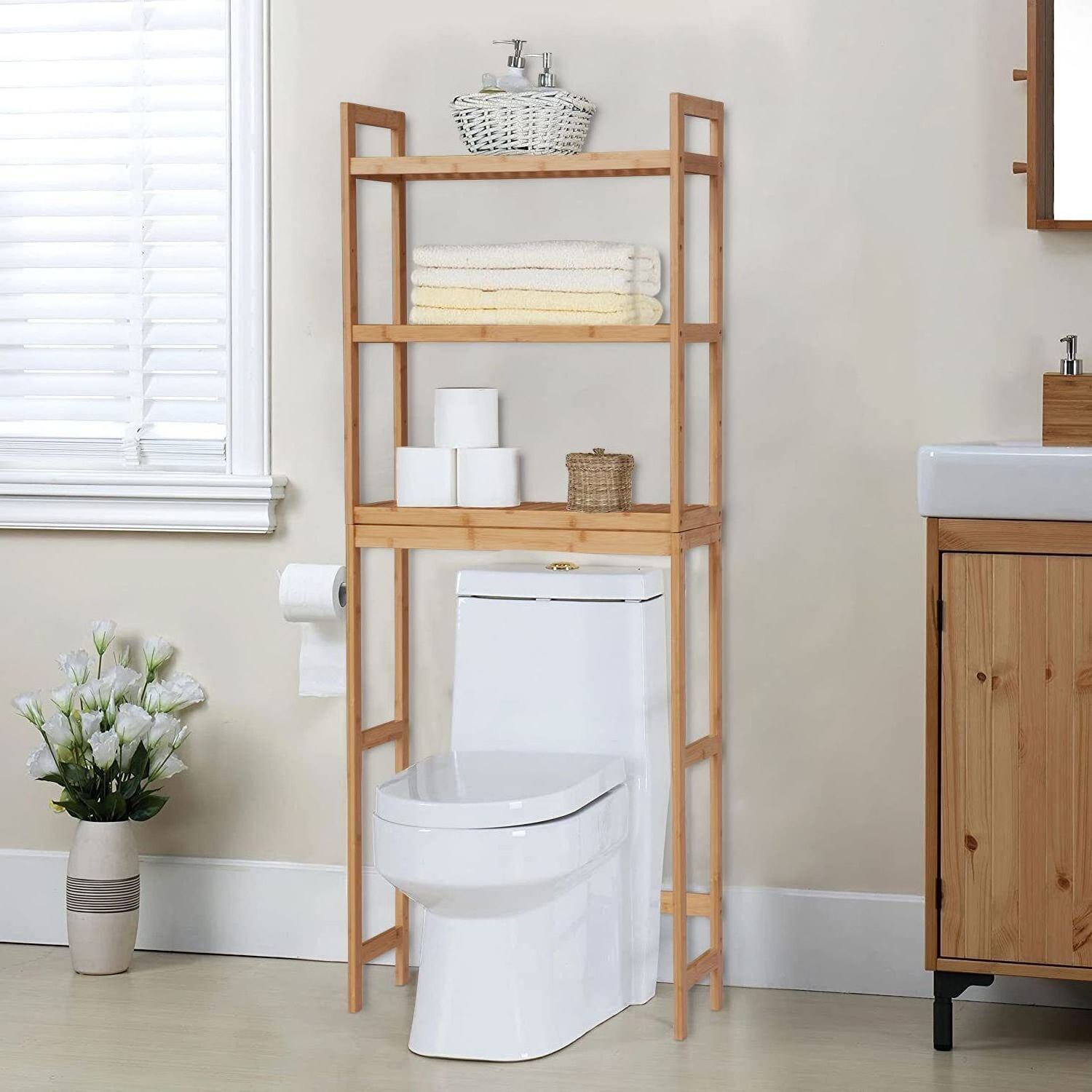 Customizable 3-Tier Bamboo Bathroom Cabinet Organizer Over The Toilet Storage Rack Shelf