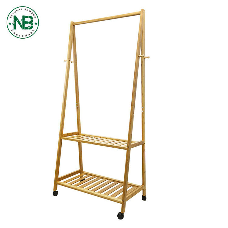 Bamboo Folding  Rack Hanging Shelf Clothes Drying Storage Rack  with wheels