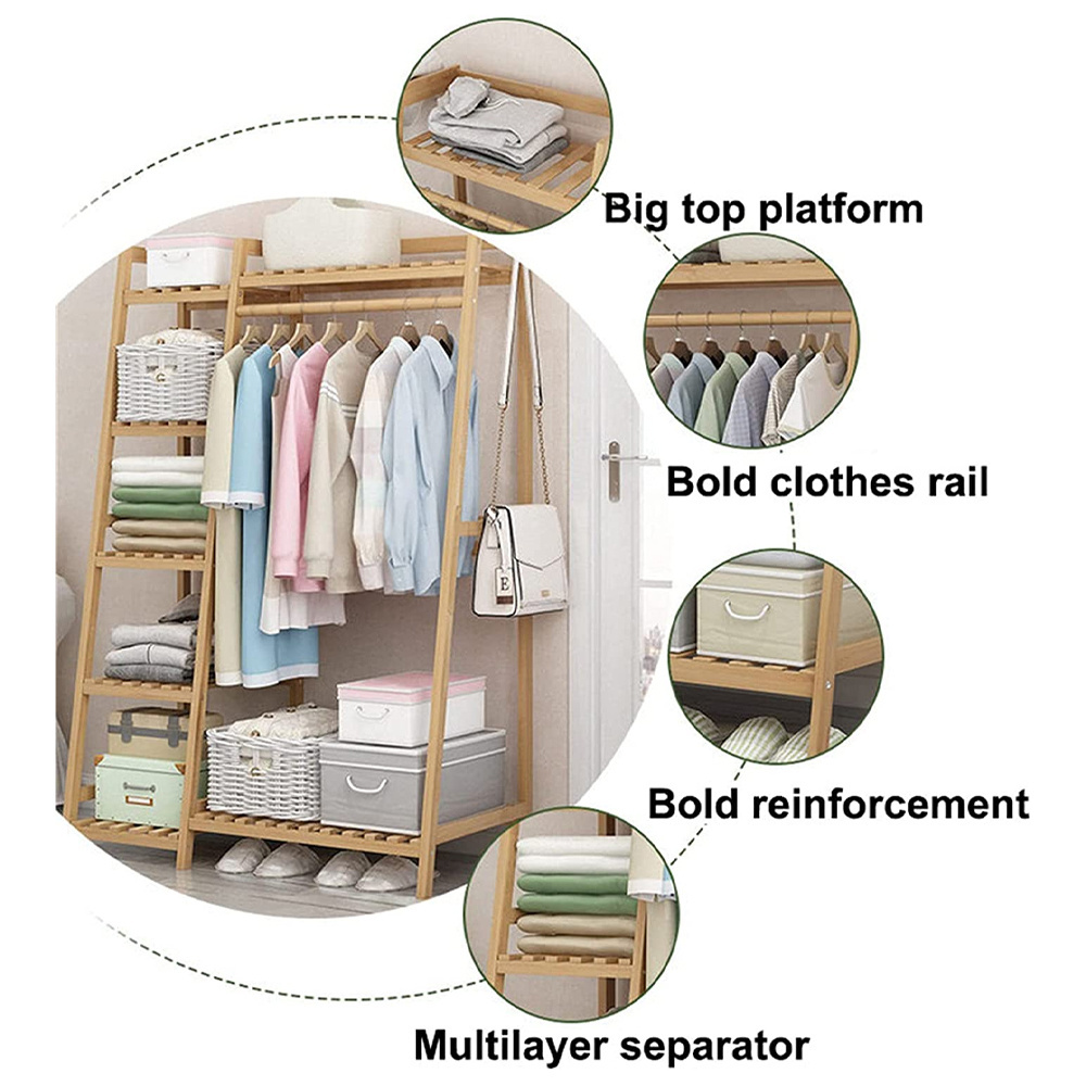 With rack and shoe clothes storage organizer bamboo clothing coat hanger