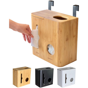 Bamboo Wall Mounted Garbage Bags Storage Box Kitchen Roll Holder Trash Bag Dispenser For Plastic Bags