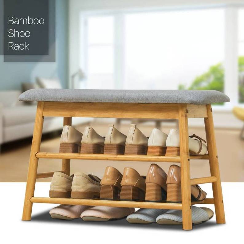 Bamboo Shoe Rack Organizer Stool Entryway Bench With Upholstered Changing Bench